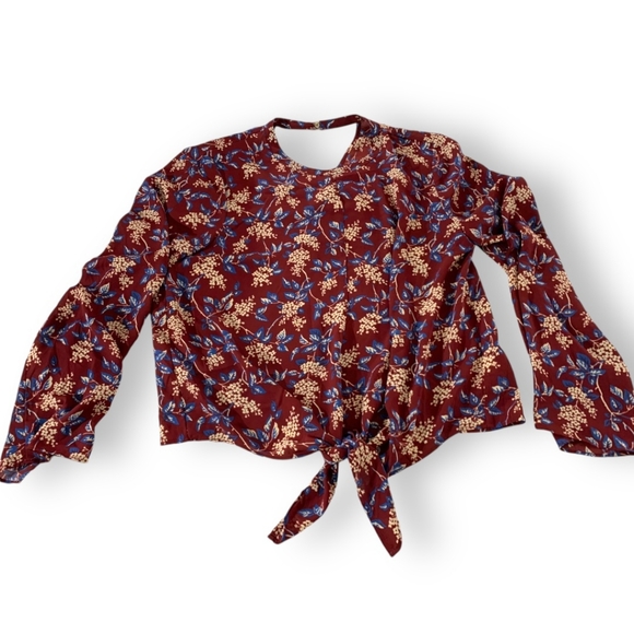Madewell Bell Sleeve Tie Top in Antique Flora Floral Print Burgundy Size Large - Picture 3 of 16